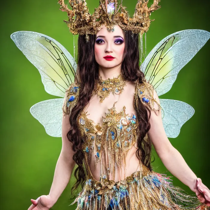 Prompt: full length photo of a very beautiful!! fairy queen with ornate sparkling robes, highly detailed, 4 k, hdr, smooth, sharp focus, high resolution, award - winning photo