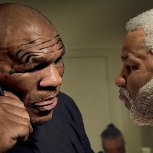 Image similar to mike tyson is talking to an older, grey haired person over the phone, who appears to be a friend of his. mike is telling him that he is angry at the world, and he hates the way he is doing life.