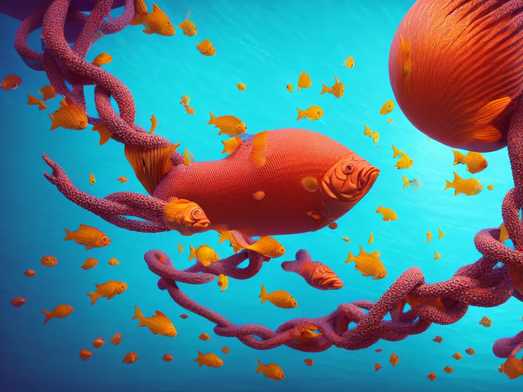 Image similar to a sculpture of fish ocean intertwined, diode lighting, a lovely cornucopia of flowers and human body parts, body parts, highly detailed, octane render, cinematic, sharp focus, clean, studio lighting, sunset, great barrier reef, at sea level