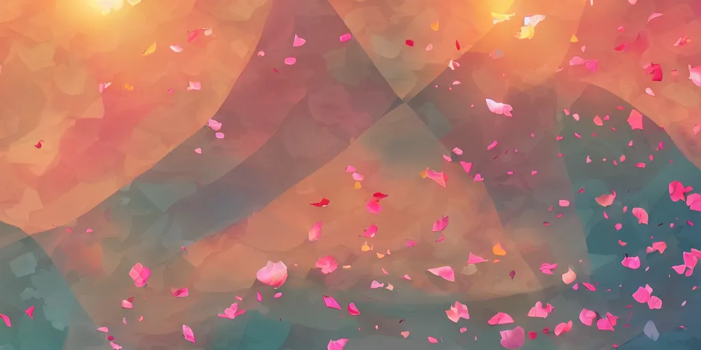 Image similar to background art of spaciously scattered flower petals flowing and flowing through the air from left to right on a simple sunset background, large individual rose petals, polygonal fragments, anime, artgerm, manga, trending on artstation, art nouveau, mature color scheme