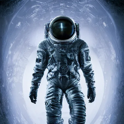 Prompt: concept art by craig mullins astronaut in futuristic dark and empty spaceship underwater. infrared complex and hyperdetailed technical suit. mandelbulb fractal. reflection and dispersion materials. rays and dispersion of light. volumetric light. 5 0 mm, f / 3 2. bokeh. noise film photo. flash photography. unreal engine 4, octane render. interstellar movie art