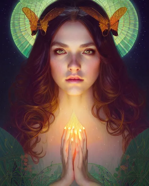 Image similar to symmetry portrait of brunette princess, glam, fae, fireflies, forest background, intricate, elegant, highly detailed, digital painting, artstation, concept art, smooth, sharp focus, illustration, art by artgerm and greg rutkowski and fra angelico and alphons mucha