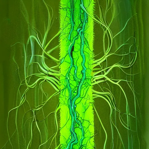 Image similar to nervous system immersed in green liquid, illustration, abstract painting