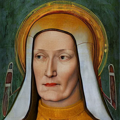 Image similar to A photograph of Hildegard Von Bingen by Juergen Teller, XF IQ4, 150MP, 50mm, f/1.4, ISO 200, 1/160s, natural light, Adobe Photoshop, Adobe Lightroom, DxO Photolab, Corel PaintShop Pro, rule of thirds