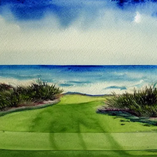 Prompt: watercolor golf course ocean