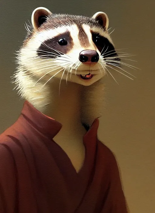 Prompt: a beautiful closeup shot from a marvel film of a anthropomorphic ferret wearing a loose tunic. an anthropomorphic raccoon. portrait. joseph ducreux, greg rutkowski.