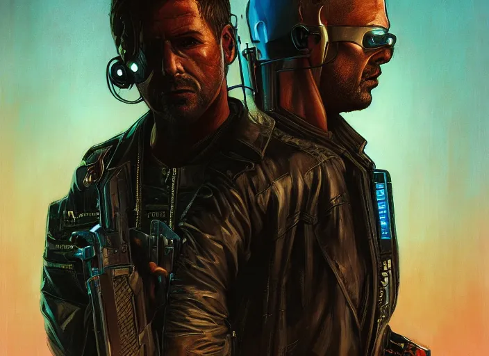 Prompt: cyberpunk bounty hunter ( blade runner 2 0 4 9, dystopian, cyberpunk 2 0 7 7 character design ). portrait by james gurney and laurie greasley, oil on canvas. cinematic, hyper realism, realistic proportions, dramatic lighting, high detail 4 k