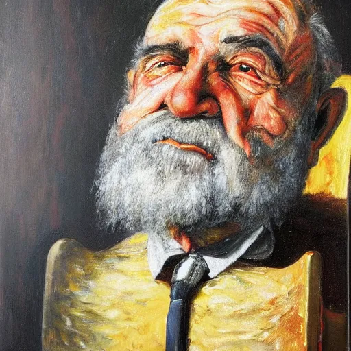 Image similar to macabre magic realism portrait old man sitting in chair : : oil painting by ivan albright