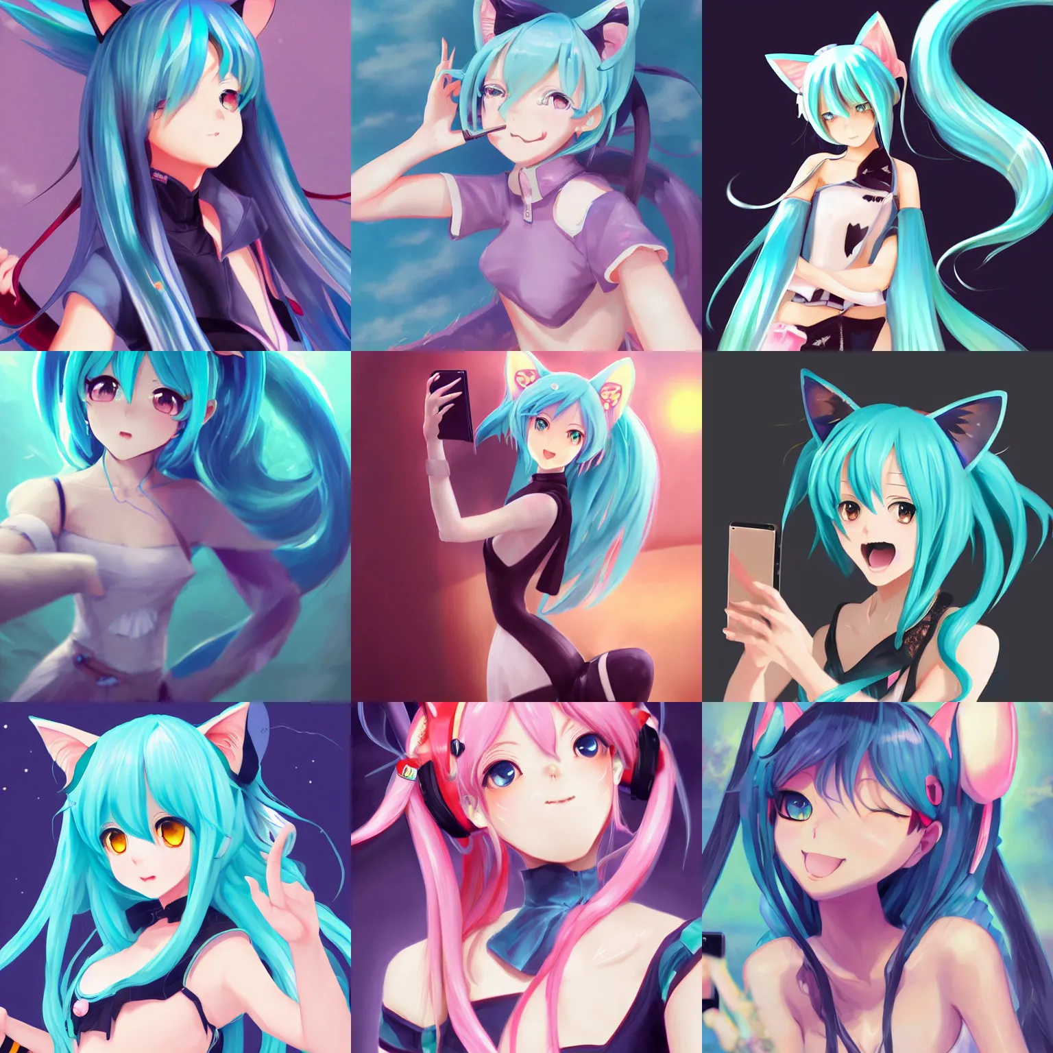 Prompt: A beautiful anime-style digital painting of a cat girl Hatsune Miku posing for a cute selfie, by Stanley Artgerm Lau, WLOP, Rossdraws, LeraPi, and Sakimichan, trending on ArtStation, deviantart, SFW version