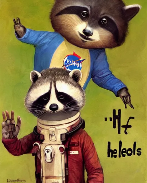 Prompt: astronaut racoon holding a sign that says hello by esao andrews