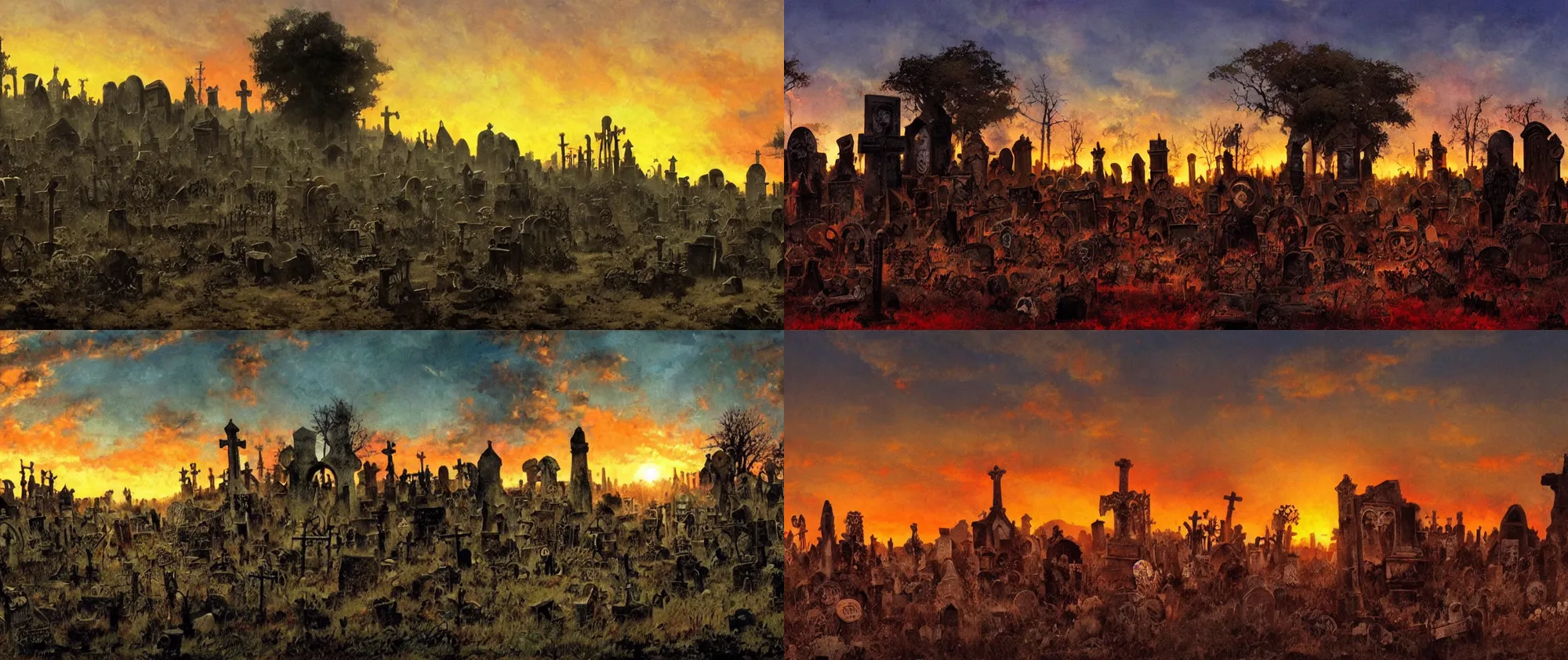 Prompt: souls graveyard ,backlight ,sunset panorama by frazetta