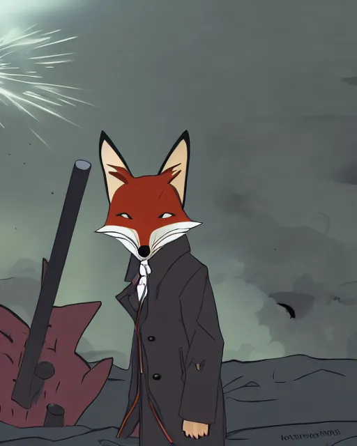 Image similar to a fox in a black trench - coat, smoking a cigarette in front of a huge explosion in the middle of a war, style of anime