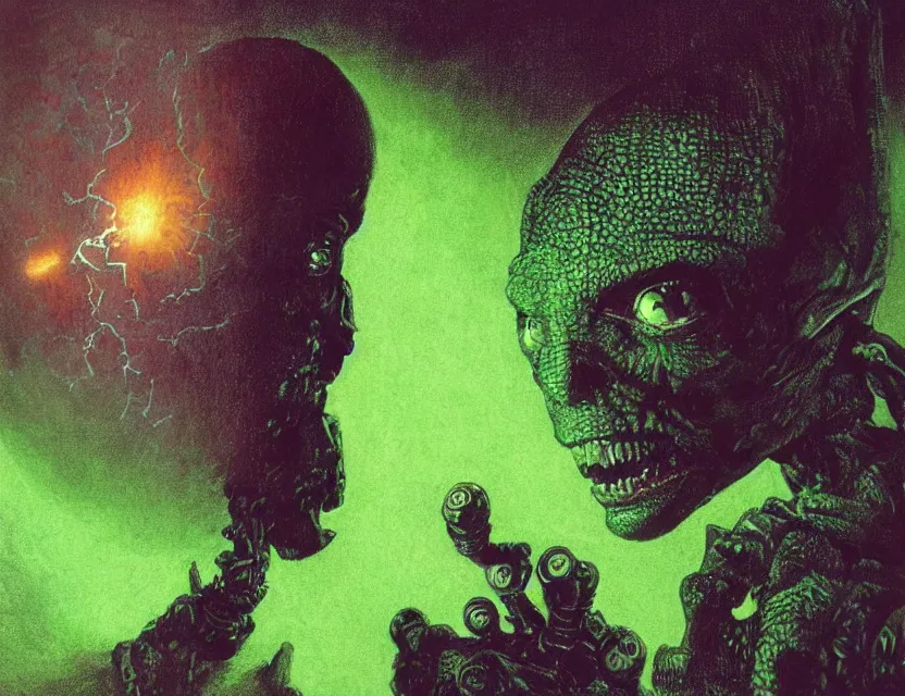 Image similar to a close - up view portrait of a silhouetted supernatural wizard in brutalist halls with metallic alien technology. close - up view, detailed textures. glowing green purple fog, dark black background. highly detailed fantasy science fiction painting by moebius, norman rockwell, frank frazetta, and syd mead. rich colors, high contrast