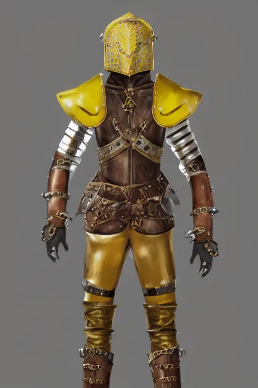 Image similar to female adventurer in tight full - body canary yellow gambeson leather armor of italian design with diamond pattern and brown leather accents and a closed armet helmet with white porcelain swan mask, trending in artstation, establishing shot