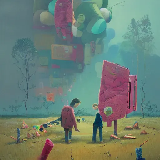 Prompt: a beautiful painting of a naturaleza alieniegena y extranas figuras, todo hecho con papel de pinata, mandala, grunge textures con explosion of color, simon stalenhag, gediminas pranckevicius