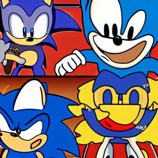 Image similar to Oops, Sonic the Hedgehog ate too much Mac and Cheese! He might explode! Run! Morbidly obese sonic eating way too much Mac N Cheese.