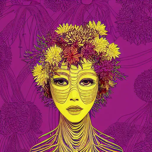 Image similar to the head of a beautiful woman partially made of bananas and chrysanthemums looking up, an ultrafine detailed illustration by james jean, final fantasy, intricate linework, bright colors, behance contest winner, vanitas, angular, altermodern, unreal engine 5 highly rendered, global illumination, radiant light, detailed and intricate environment