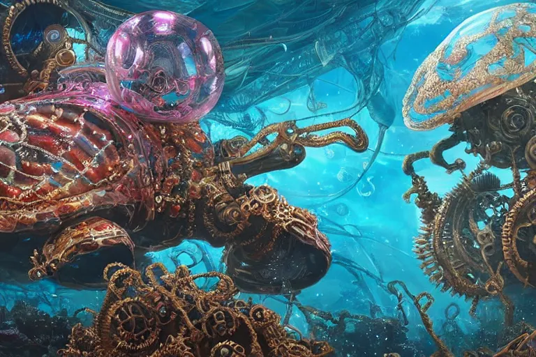Prompt: beautiful painting of a huge caretta wearing a steampunk armour of in vast ocean coral reef, water bubbles, intricate details, jewel fishes, two magnificent jelly fish, realistic shaded , steampunk, highly detailed, artstation, illustration Greg Rutkowski , octane render, 4k, dynamic light, volumetric light, neon lights, cinematic mood