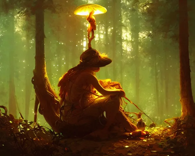 Prompt: humanoid mushroom camping in a forest at night, campire lighting, science fantasy painting, elegant intricate digital painting artstation, greg rutkowski and alphonse mucha, detailed