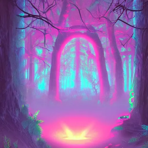 Image similar to a ancient portal to another dimension in the forest, retrowave art, vaporwave, trending on art station