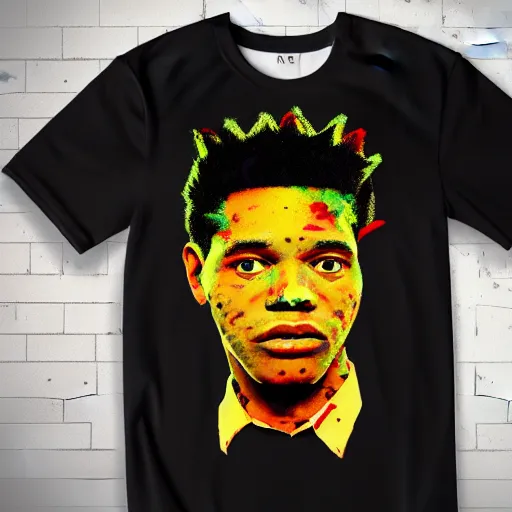 Prompt: t - shirt mockup, 3 d, hyper - realistic, basquiat style print