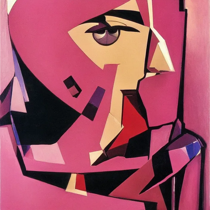 Prompt: abstract portrait of a knight in pink, geometric, anime style, caravaggio, syd mead