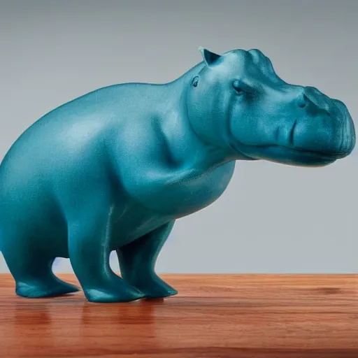 Prompt: a smooth museum - quality hippopotamus made of polished wood with visible wood grain grafted onto teal blue ceramic, hd photograph, matte gray background
