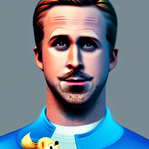 Prompt: Portrait of Ryan Gosling as Sonic the Hedgehog, studio lighting, model, HDR, 24MP, trending on artstation