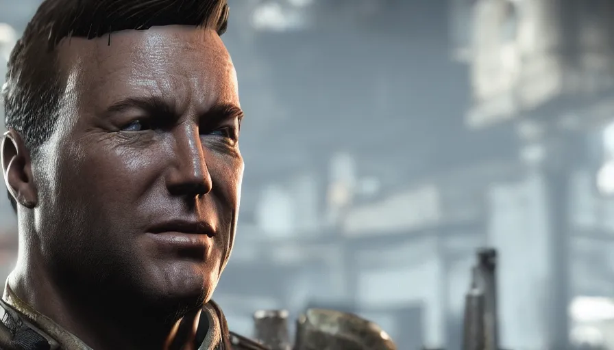 Image similar to closeup fallout 4 character screenshot of alex jones, enb, ambient occlusion, subsurface scattering, solo, 4 k, bokeh, beautiful, detailed