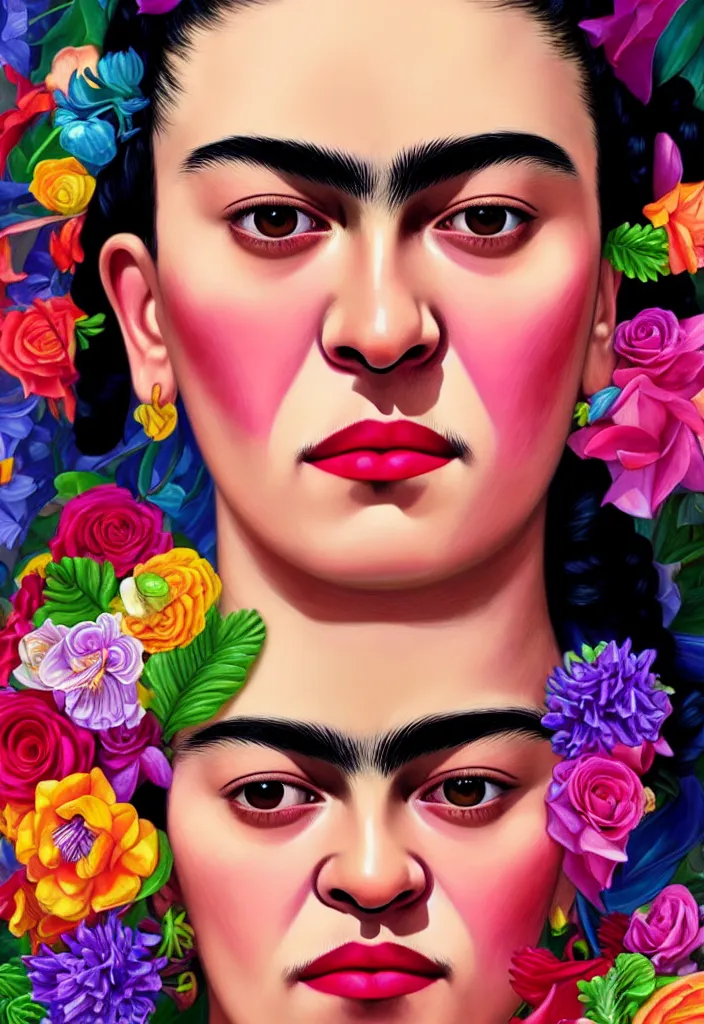 Prompt: young beautiful frida kahlo, gorgeous face, vaporwave aesthetic, synthwave, colorful, psychedelic, artstation, flowers, bees, ribbons, concept art, smooth, extremely sharp detail, finely tuned detail, 8 k, unreal engine 5, ultra sharp focus, illustration, art by artgerm and greg rutkowski and alphonse mucha