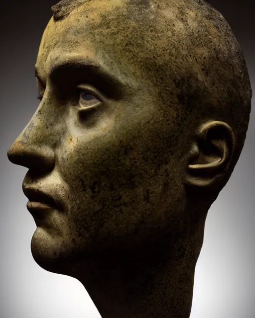 Image similar to a man's face in profile, made of patina, in the style of the dutch masters and gregory crewdson, dark and moody
