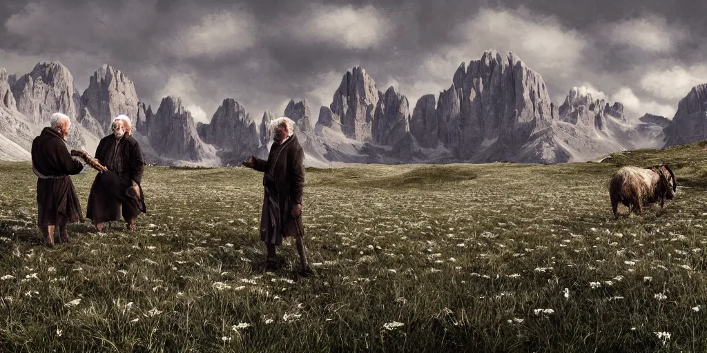 Prompt: old farmers turning into edelweiss ,roots and hay coat, dolomites in background, dark, eerie, despair, portrait photography, artstation, digital art, adward winning, concept art, artstation, highly detailed, sharp focus, by caravaggio