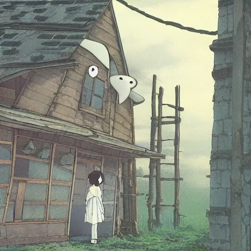 Prompt: ghost of a young girl, a burnt out village, photorealism, cel shaded, studio ghibli, hayao miyazaki