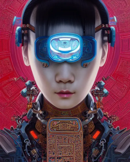 Image similar to portrait of a cyberpunk machine, machine face, upper half portrait, decorated with chinese opera motifs, asian, fine china, wuxia, traditional chinese art, intricate, elegant, highly detailed, symmetry, headpiece, digital painting, artstation concept art smooth sharp focus, illustration, art by artgerm and greg rutkowski alphonse mucha 8 k