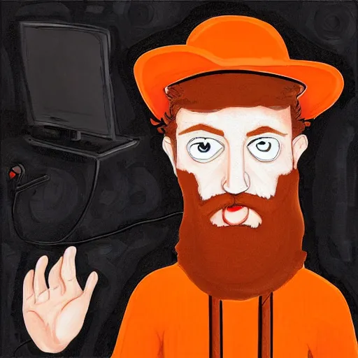 Prompt: middle aged streamer on twitch with black hat, stubble, ginger hair, orange hair, black cap, stubbles, red headphones, in the style of jeremiah ketner, art, abstract