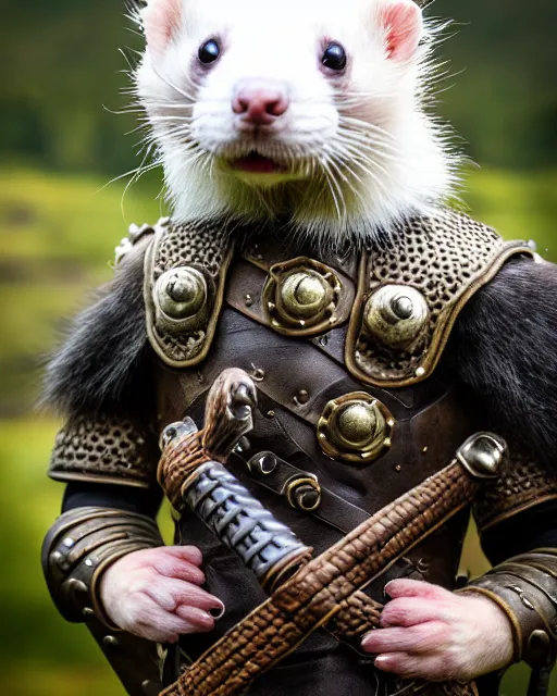 Image similar to ferret warrior, furry, fantasy, viking, high detailed, photography, cloudy, lightweight leather armour, scandinavia, plain, detailed face, look into the distance, serious face, full body, in full growth, professional photographer, masterpiece, 5 0 mm, extremely detailed, 8 k