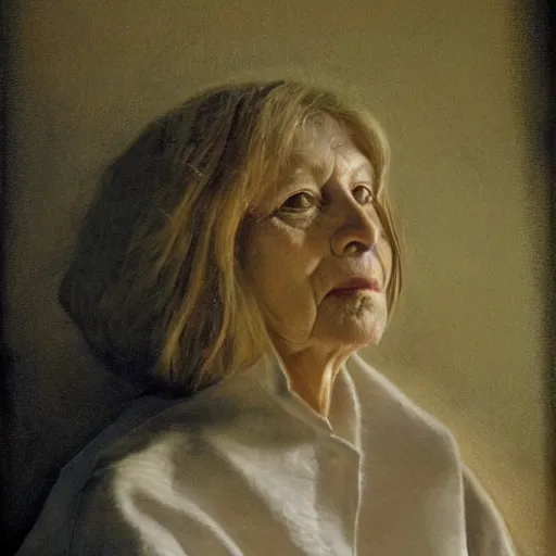 Image similar to high quality, high detail, realistic portrait of susan taslimi, painted by andrew wyeth, dramatic lighting, cinematic composition