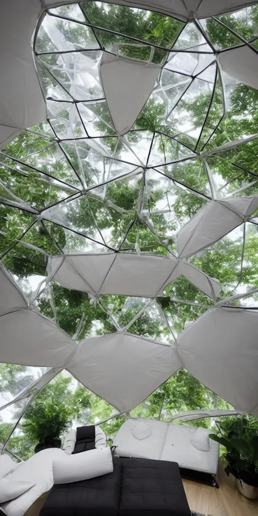 Prompt: inside an inflatable organic geodesic home. The inflatable fabric is translucent white with black stitching. A very tall double-height living room and kitchen. The walls bulge with the inflated pressure. The mesh fabric has a strong woven texture. The inflatable geodesic has a cellular geometry. On the floor of the living room is a hydroponic garden. A family is eating breakfast at a table. Architectural photography. Unreal engine, 4K, 8k. Volumetric Lighting