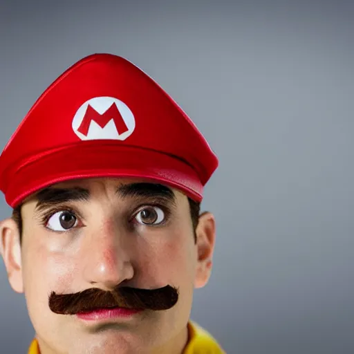 Image similar to a closeup portrait photo of a real Mario.