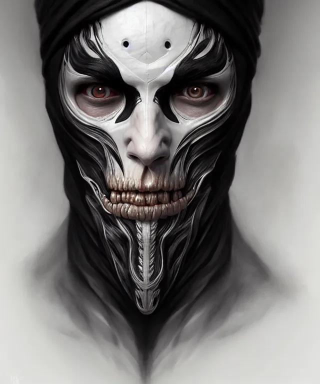 Prompt: white man with black fabric half mask, highly detailed face!!!, true anatomy!, extremely detailed!, digital painting, unreal engine 5, art by tom bagshaw