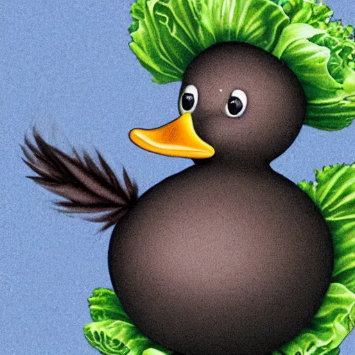 Image similar to a duck dressed as cabbage