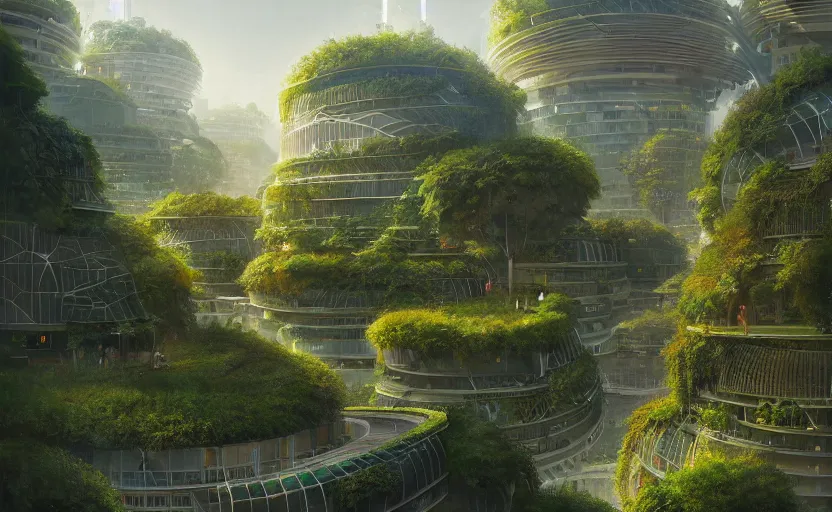 Image similar to solarpunk circular city with lush forest in the center, walkable pathways, rooftop gardens and solar panels, highly detailed, digital painting, artstation, concept art, smooth, sharp focus, illustration, art by wlop, mars ravelo and greg rutkowski