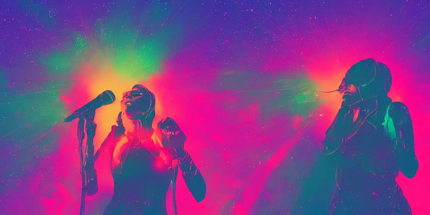 Image similar to woman rapping into microphone, silhouette, huge crowd, outrun, hip hop, digital art, Aurora borealis, trending on Artstation, professional artist, detailed, 4k