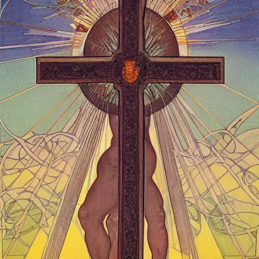 Image similar to a spiritual cross on top of a holy mountain, Mucha, Moebius, Mohrbacher