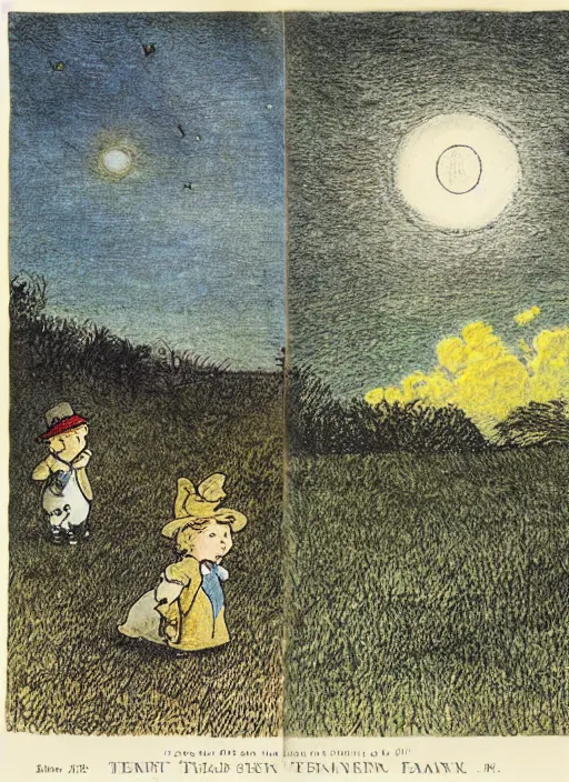 Image similar to sky transitioning from day to night, one half is sunny, other half is starry and dark, empty field, illustrated by peggy fortnum and beatrix potter and sir john tenniel
