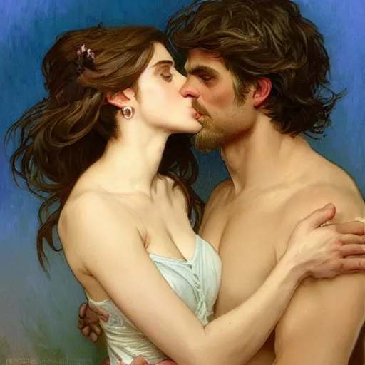 Image similar to young alison brie kissing a man - horse, painted by artgerm and greg rutkowski and alphonse mucha. clear highly detailed face, beautiful fantasy art,