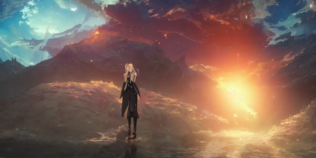 Prompt: isekai masterpiece by mandy jurgens, irina french, rachel walpole, ross tran, illya kuvshinov, deeznutz, and alyn spiller of an anime woman standing in a puddle looking up at serpent viper mountain, nebula night, cinematic, very warm colors, intense shadows, ominous clouds, anime illustration, anime screenshot composite background