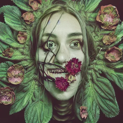 Prompt: a beautiful detailed front view portrait of a rotten woman corpse with fractal plants and fractal flowers growing around, volumetric light, beautiful lit, polaroid photography