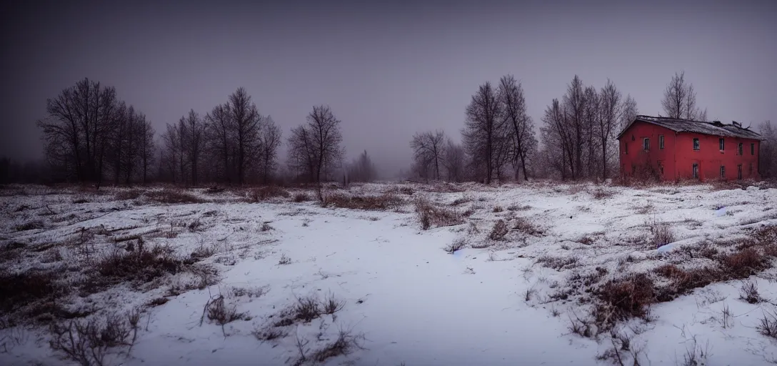 Image similar to landscape, soviet military, abandoned, lifeless, house near forest, dark, winter evening, snowing, strong, blizzard, atmospheric, mystical, very detailed 4 k