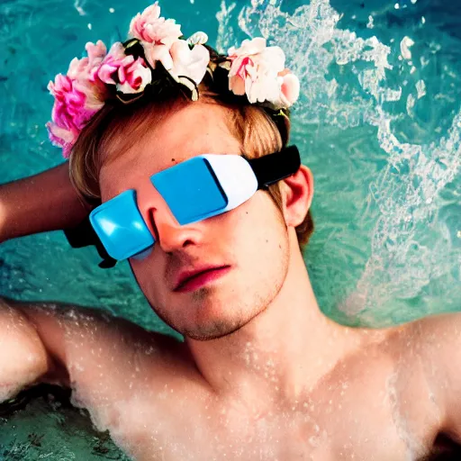 Image similar to close up kodak portra 4 0 0 face portrait photograph of a skinny guy with blonde hair submerged in a elegant tub of white milk, aerial view, wearing cyber goggles, flower crown, moody lighting, telephoto, 9 0 s vibe, blurry background, vaporwave colors, dream aesthetic, dreamy aesthetic, faded!,